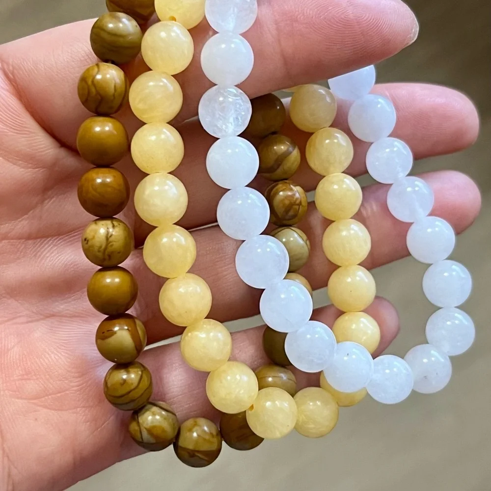 8mm white quartz, yellow‎ aventurine and jasper bracelet set